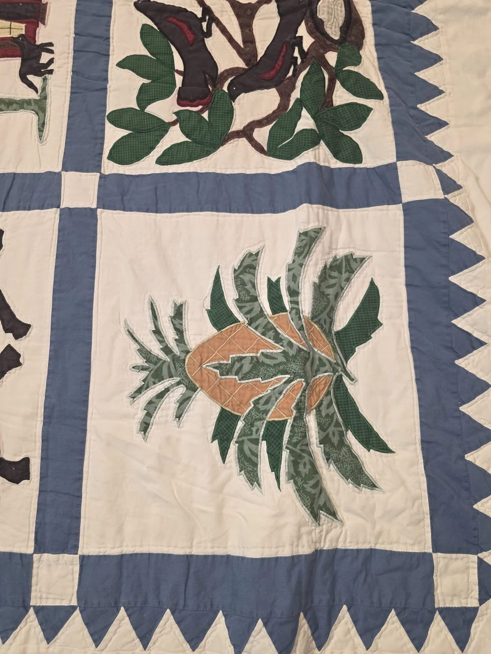 Handmade Blue & White Patchwork Quilt - Floral & Animal Motifs